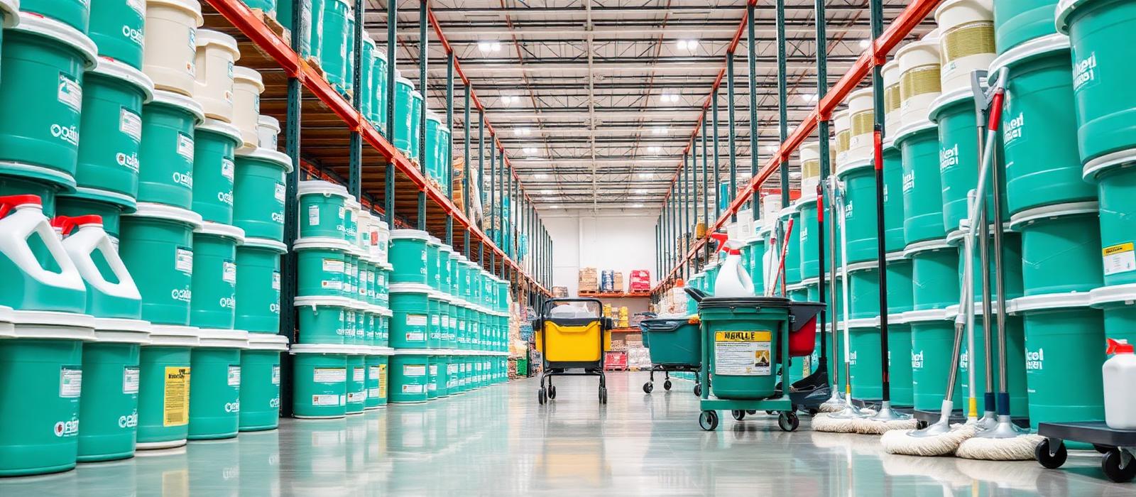 Warehouse aisle stocked with commercial cleaning buckets, mops and janitorial carts